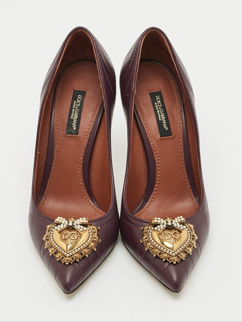 Dolce & Gabbana DEBOTION Burgundy Quilted Pointed Pumps ,Gold Heart Medallion